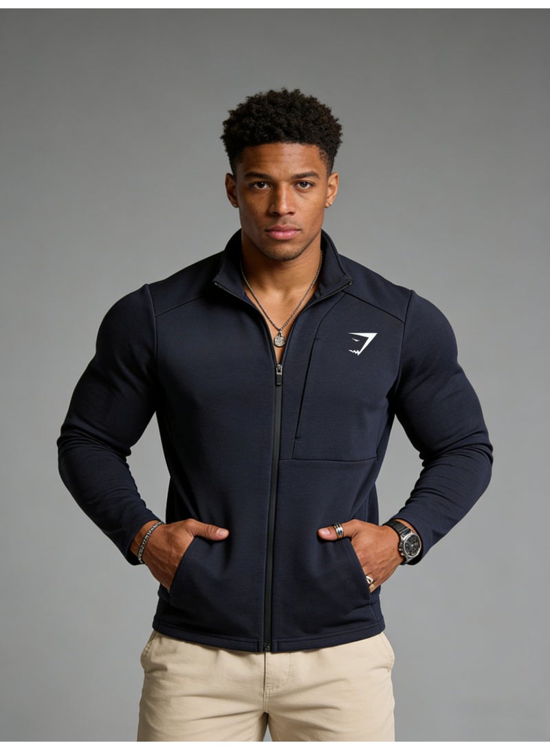 Gymshark Deep Blue Full Zipper Sports Jacket - High Performance Soft Fabric Sports Top with Brand Logo, Suitable for Gyms and Casual Styles - Image 3
