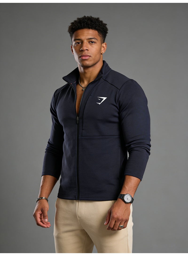 Gymshark Deep Blue Full Zipper Sports Jacket - High Performance Soft Fabric Sports Top with Brand Logo, Suitable for Gyms and Casual Styles - Image 2