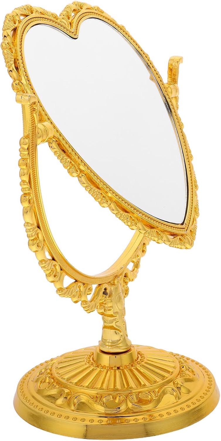 Ipetboom Heart Shaped Dressing Table Mirror, Vintage Retro Small Standing Mirror with Gold Frame, Bedroom and Bathroom Decor, Portable Beauty Accessory - Image 1