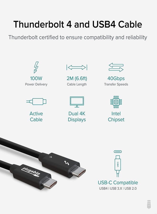 Plugable Thunderbolt 4 Cable [Thunderbolt Certified] 6.6ft USB4 Cable with 100W Charging, Single 8K or Dual 4K Displays, 40Gbps Data Transfer, Compatible with Thunderbolt, USB4, USB-C - Driverless - Image 2