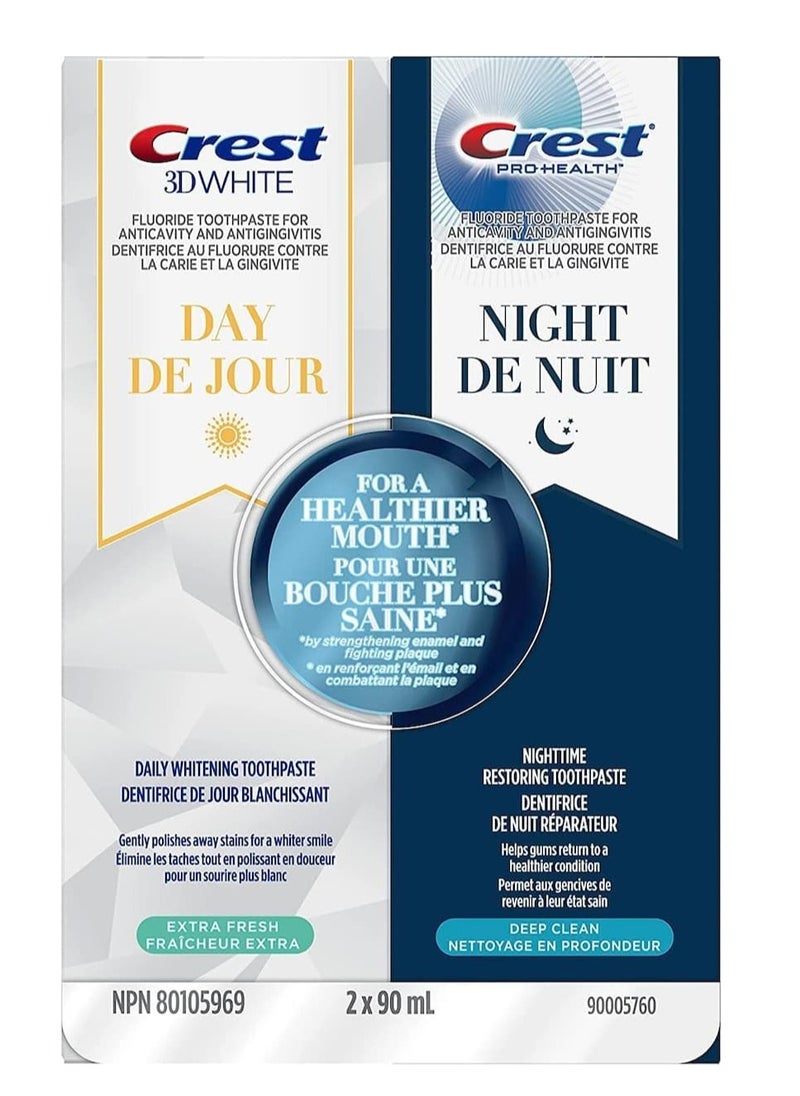 Crest - Crest 3D White Whitening Toothpaste, Day & Pro-Health Night Regimen Pack with Stannous Fluoride 90 mL - Image 1