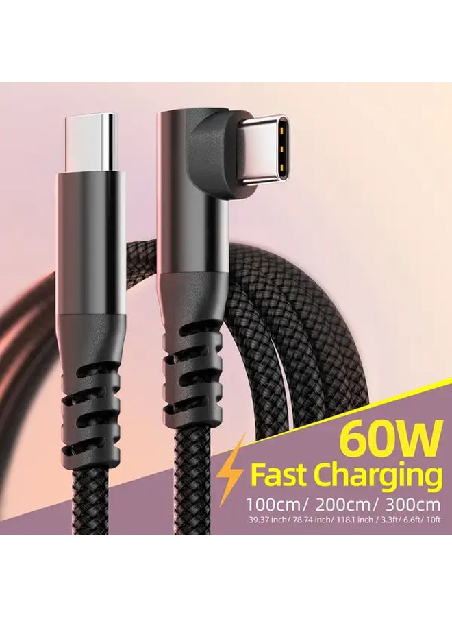 Black 60W USB C Fast Charging Cable 90 Degree Elbow 2pcs 10ft For Phone Tablet Laptop - Image 1