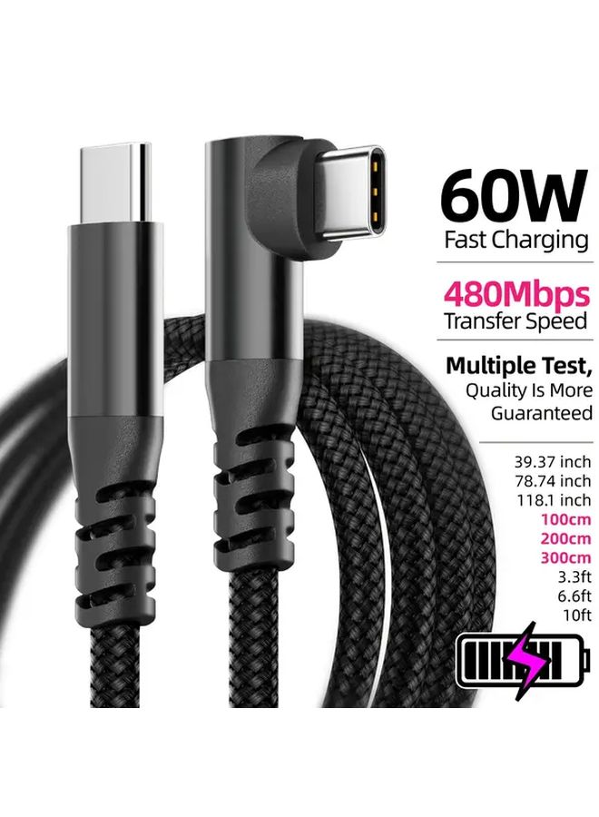 Black 60W USB C Fast Charging Cable 90 Degree Elbow 2pcs 10ft For Phone Tablet Laptop - Image 4