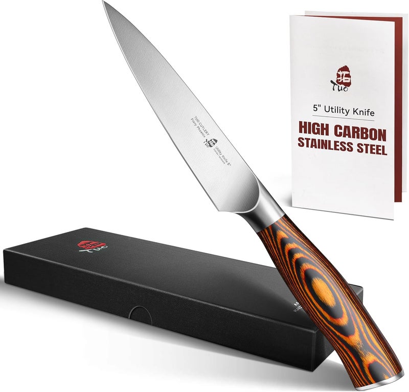 TUO Utility Knife, 5 inch Small Kitchen Knife for Paring & Slicing, with Ergonomic Pakkawood Handle, High Carbon German Stainless Steel - Fiery Phoenix Series - Image 1