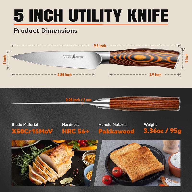 TUO Utility Knife, 5 inch Small Kitchen Knife for Paring & Slicing, with Ergonomic Pakkawood Handle, High Carbon German Stainless Steel - Fiery Phoenix Series - Image 3