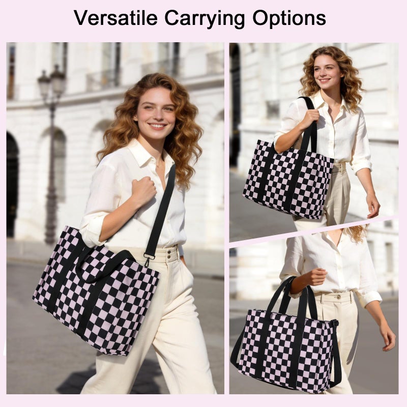 BTOOP Laptop Tote Bag for Women Work 15.6 inch Canvas Shoulder Bags Computer Messenger Purse Teacher Handbag Office Briefcase (Blck-Pink Checkered) - Image 2