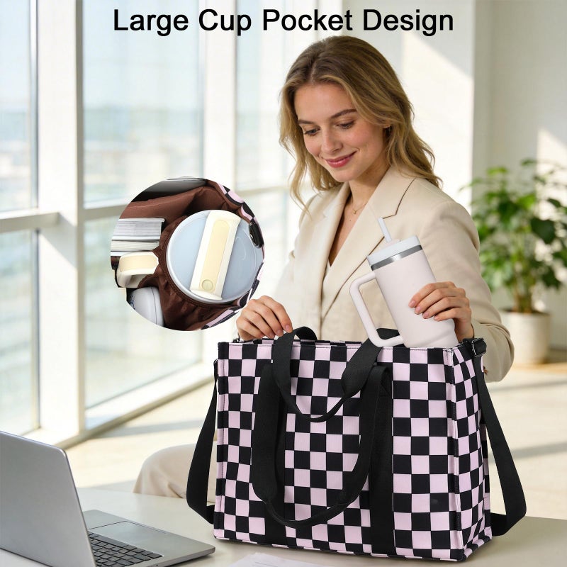 BTOOP Laptop Tote Bag for Women Work 15.6 inch Canvas Shoulder Bags Computer Messenger Purse Teacher Handbag Office Briefcase (Blck-Pink Checkered) - Image 3