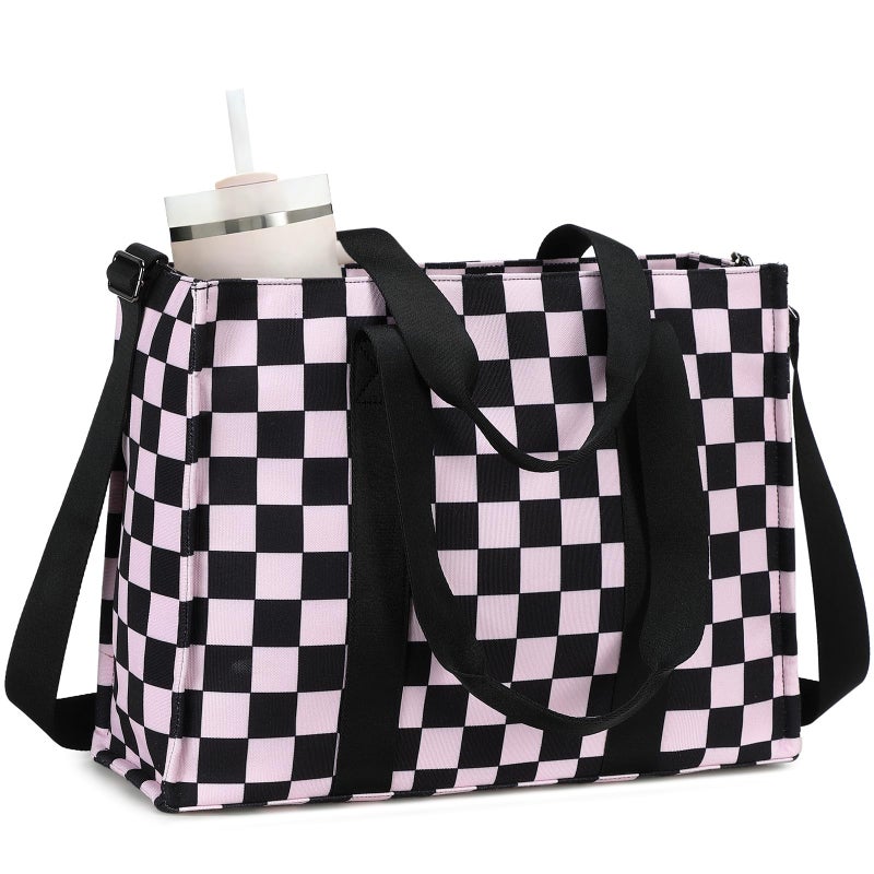 BTOOP Laptop Tote Bag for Women Work 15.6 inch Canvas Shoulder Bags Computer Messenger Purse Teacher Handbag Office Briefcase (Blck-Pink Checkered) - Image 1