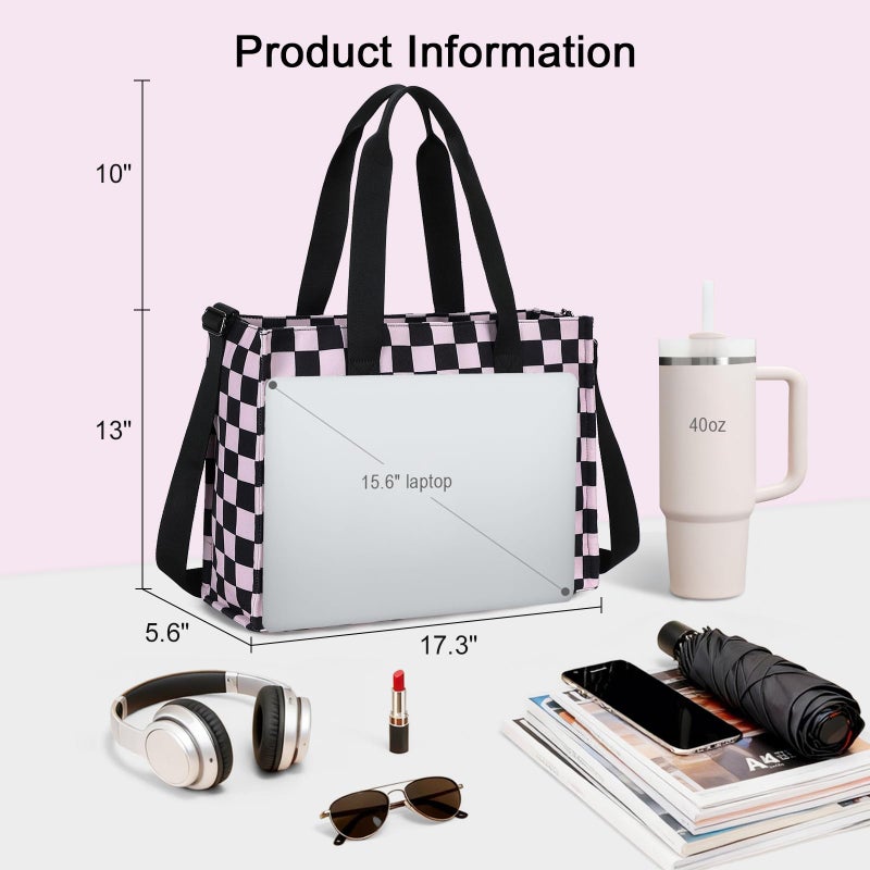 BTOOP Laptop Tote Bag for Women Work 15.6 inch Canvas Shoulder Bags Computer Messenger Purse Teacher Handbag Office Briefcase (Blck-Pink Checkered) - Image 4