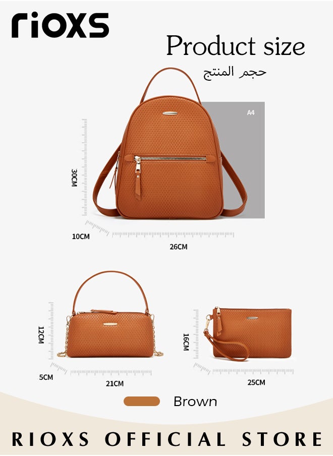 RIOXS - 3PCS Fashionable Bags Set, Large Capacity Shoulder Backpack and Handbags for Women, Classic Versatile Leather Backpack, Handbag and Wristlet Bag, Suitable for Dating, Shopping, Working, Traveling and Other Occasions - Image 1