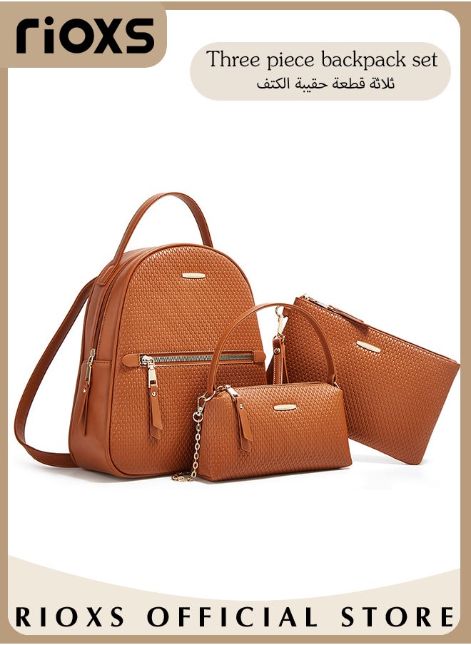 RIOXS - 3PCS Fashionable Bags Set, Large Capacity Shoulder Backpack and Handbags for Women, Classic Versatile Leather Backpack, Handbag and Wristlet Bag, Suitable for Dating, Shopping, Working, Traveling and Other Occasions - Image 1