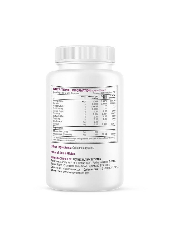 Biotrex Nutraceuticals Magnesium Citrate Supplement, Supports Bone & Sleep Health - 120 Vegetarian Capsules - Image 2