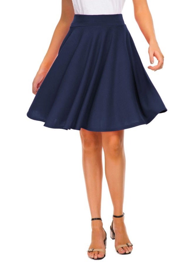 EXCHIC Women's Casual Stretchy Flared Midi Skater Skirts Basic A-Line Pleated Midi Skirt (L, Navy) - Image 1