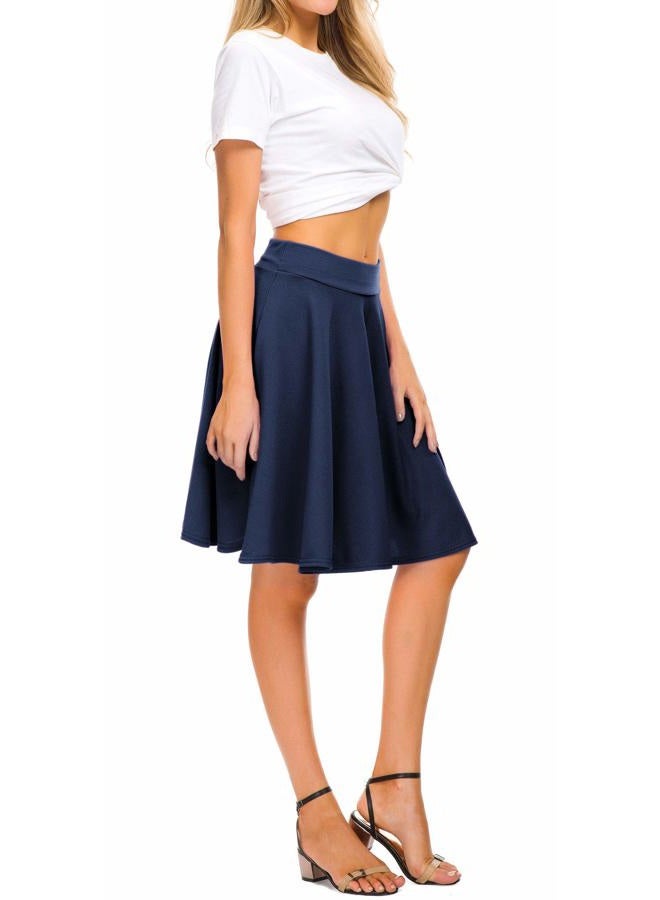 EXCHIC Women's Casual Stretchy Flared Midi Skater Skirts Basic A-Line Pleated Midi Skirt (L, Navy) - Image 2