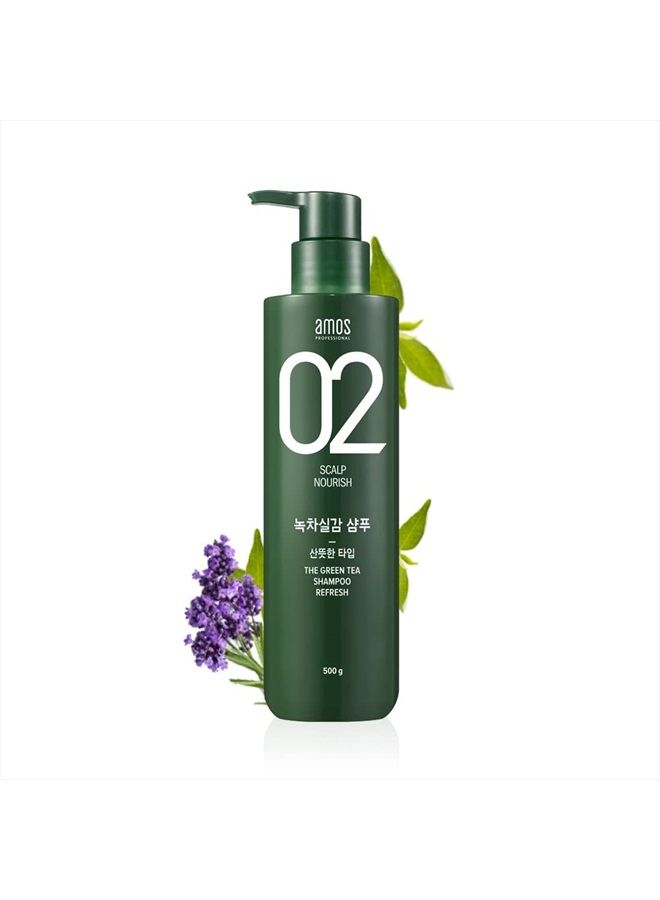 amos PROFESSIONAL شامبو الشاي الأخضر المنعش [لفروة الرأس الدهنية] 17.6 أونصة (500 جرام) | شامبو مضاد لتساقط الشعر ونمو الشعر لتنظيف الزهم الزائد ونمو الشعر | شامبو نمو الشعر الكوري - Image 1