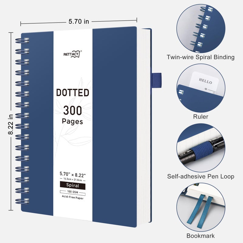 RETTACY Dotted Journal Notebook, 300 Pages, A5 Medium Size (5.7'' Ã— 8.2''), 100 GSM Thick Paper, Flexible Plastic Cover, Spiral-bound, for Bullet Journaling, Planning, Tracking (Navy Blue) - Image 2