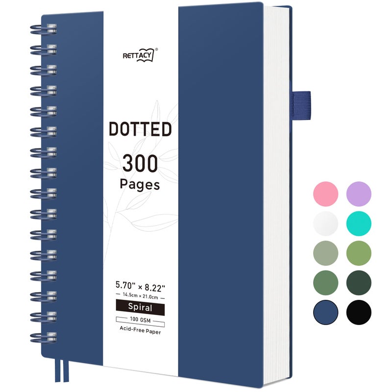 RETTACY Dotted Journal Notebook, 300 Pages, A5 Medium Size (5.7'' Ã— 8.2''), 100 GSM Thick Paper, Flexible Plastic Cover, Spiral-bound, for Bullet Journaling, Planning, Tracking (Navy Blue) - Image 1