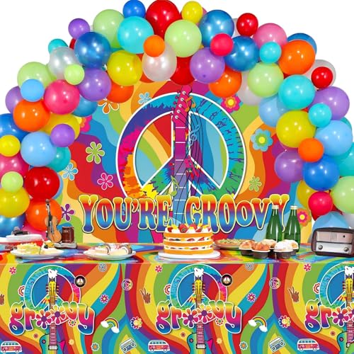 Tiamon 60s Party Decorations Groovy Hippie Balloons Decorations 60s Backdrop Tablecloth Balloons Kit Tie Dye Peace and Love Sign for Birthday Party Carnival Hippie Theme Groovy Decor - Image 1