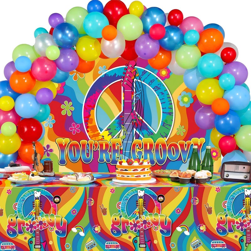 Tiamon 60s Party Decorations Groovy Hippie Balloons Decorations 60s Backdrop Tablecloth Balloons Kit Tie Dye Peace and Love Sign for Birthday Party Carnival Hippie Theme Groovy Decor - Image 3