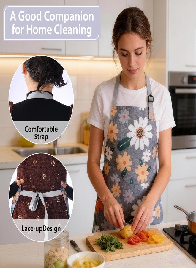 مريلة داولونغ النسائية المزينة بالزهور، عبوة من 3 قطع، مزودة بجيوب، مريلة قابلة للتعديل للنساء للطبخ في المطبخ، والبستنة، والصالون، بتصميم مقاوم للماء - Image 3