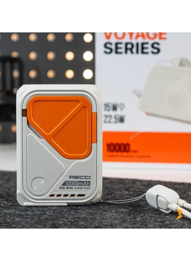 ريتشي فويادج 5 في 1 باور بنك بسعة 10000 مللي أمبير RPB-A06 | شحن سلكي سريع 22.5 واط | كابلمدمج Type-C | شحن لاسلكي 15 واط | محول سفر عالمي | لون أبيض - Image 2