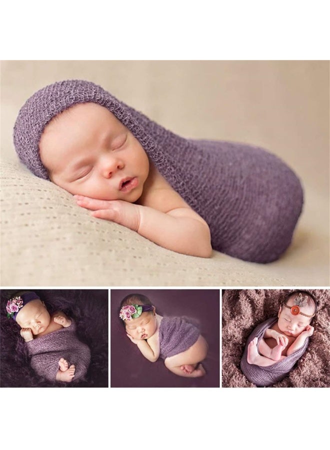 3Pcs Set Newborn Photography Props Baby Girl Boy Toddler Photo Blankets Swaddle Wrap DIY Stretch Knit Wrap Headband Ripple Wrap Photo Prop Clothing Accessories (Purple) - Image 5