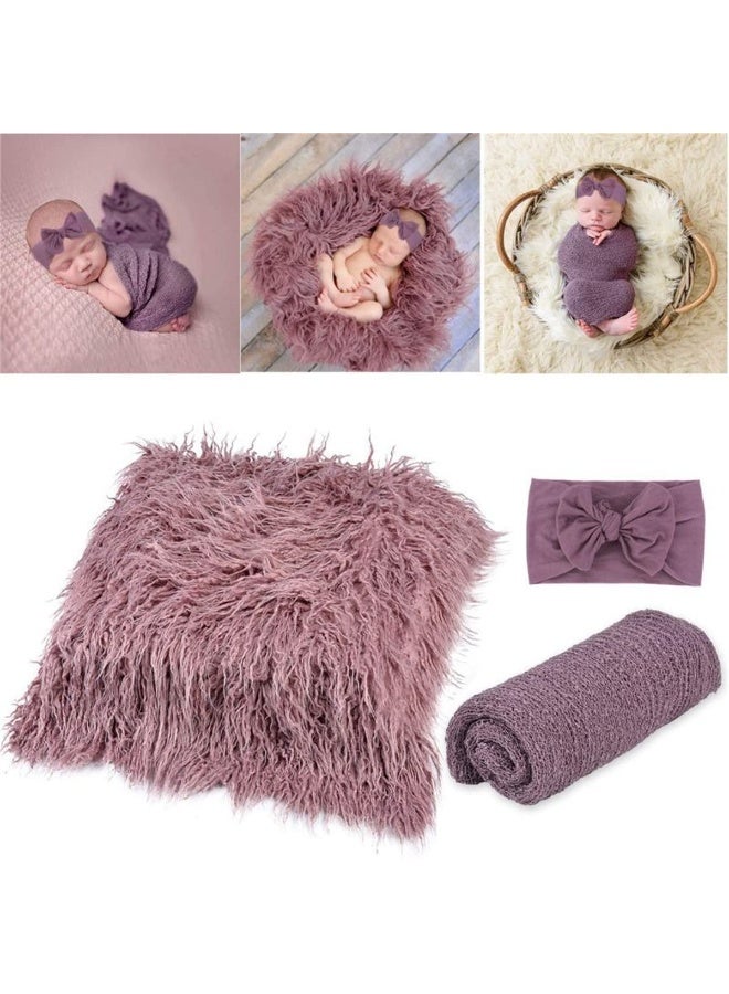 3Pcs Set Newborn Photography Props Baby Girl Boy Toddler Photo Blankets Swaddle Wrap DIY Stretch Knit Wrap Headband Ripple Wrap Photo Prop Clothing Accessories (Purple) - Image 1