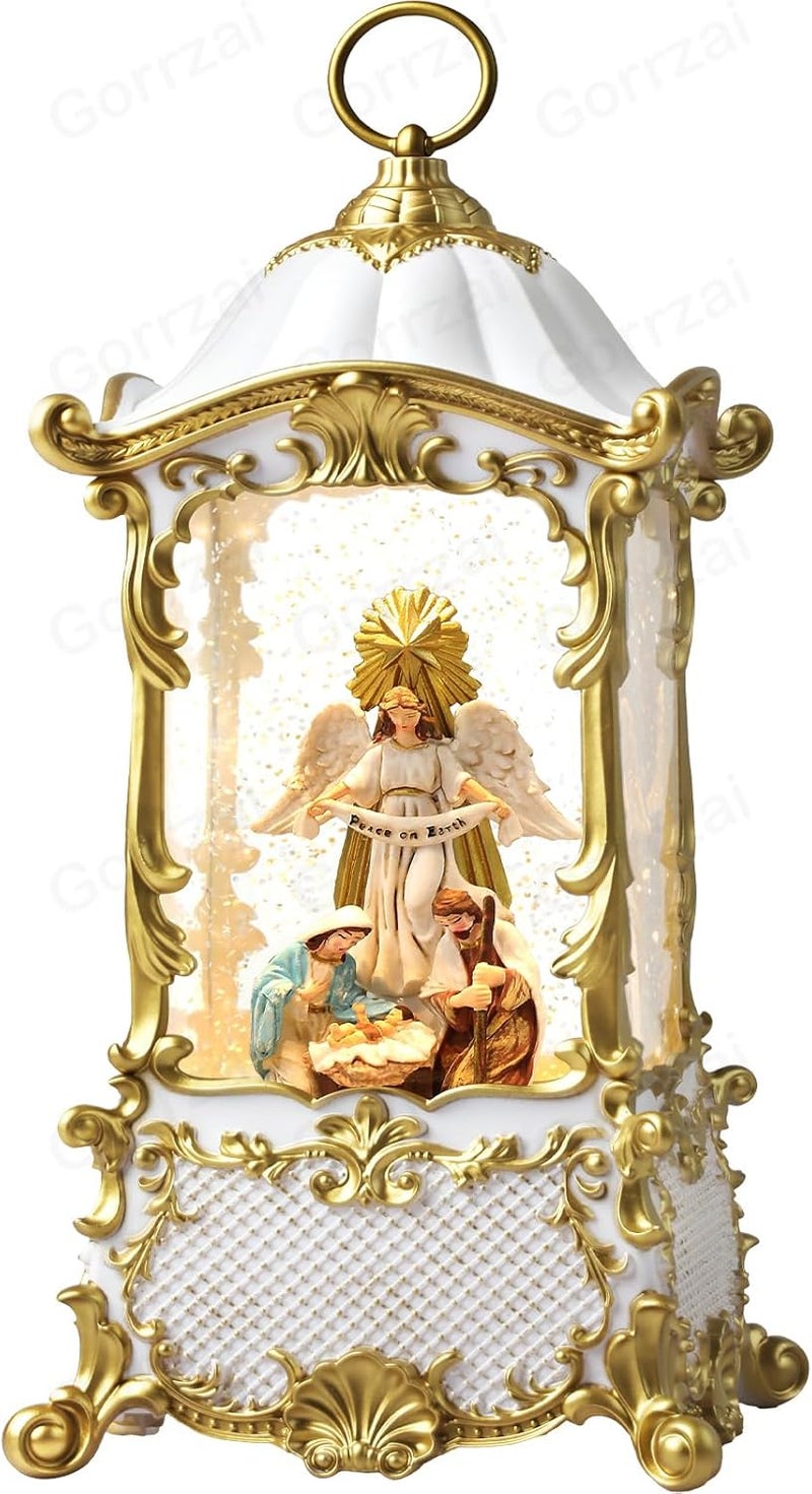 Gorrzai Nativity Snow Globe Angel Christmas Snow Globe Lantern, Lighted Christmas Decorations Indoor for Home with Music Timer Swirling Glitter, Musical Home Decor, USB or Battery Operated 12.5 inch - Image 1