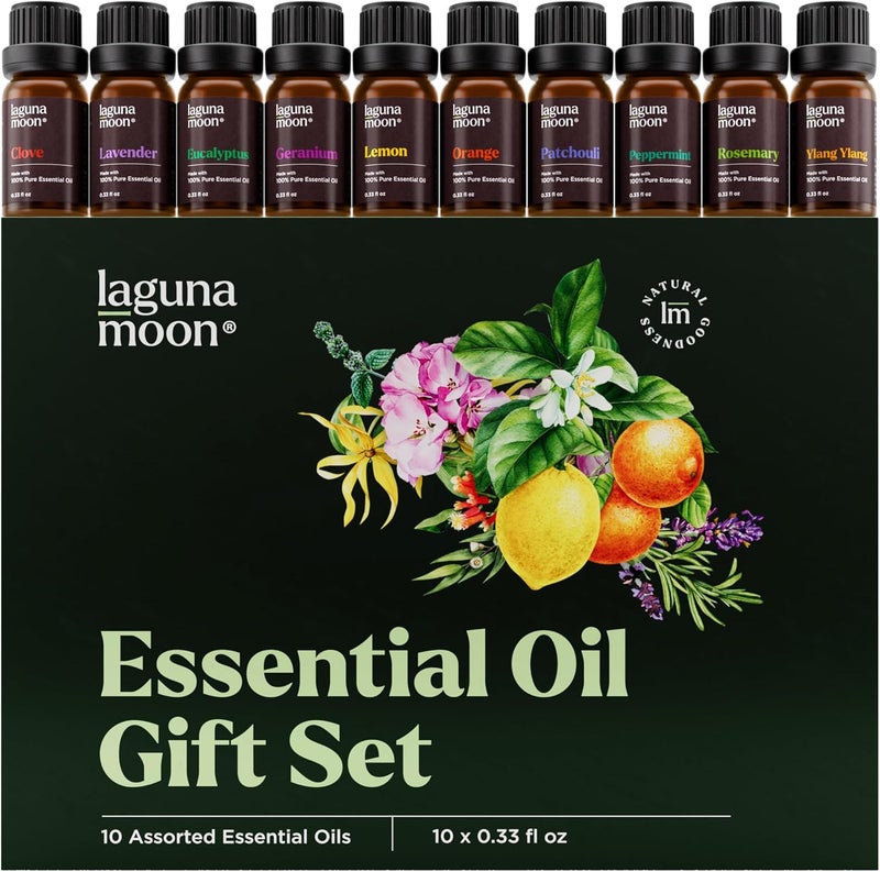 Lagunamoon 10-Pack Organic Essential Oils Set, 10mL, Top 10 Scents for Aromatherapy, Massage, Candle Making, Soap Scents, Office, Skin & Hair Care - Image 1