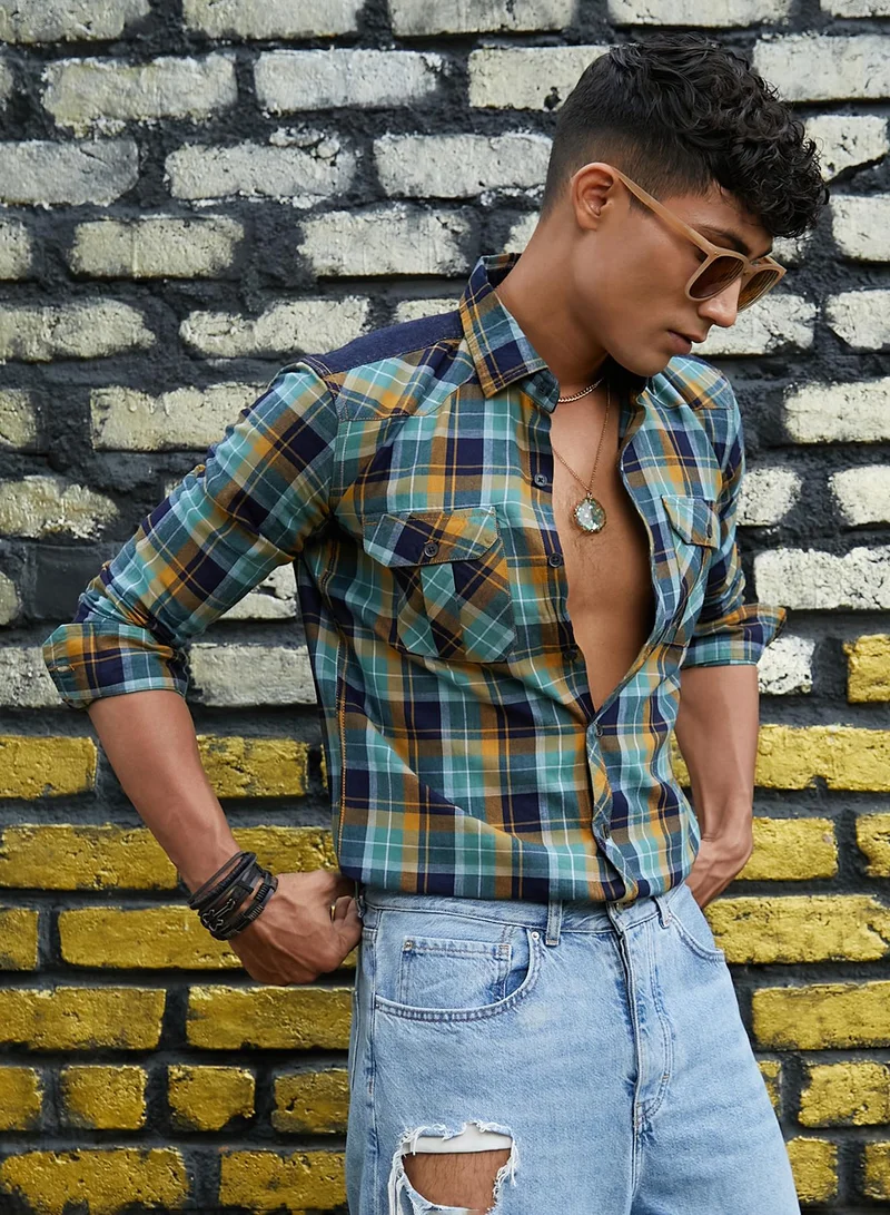 Campus Sutra Men's Checks Cyan Shirt