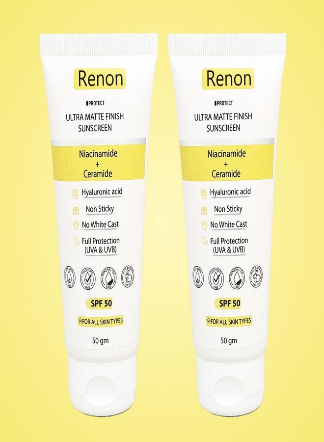 Renon SPF 50 PA+++ Matte Finish Sunscreen for oily Skin | Niacinamide + Ceramide | Non Sticky | No White Cast | - Image 1