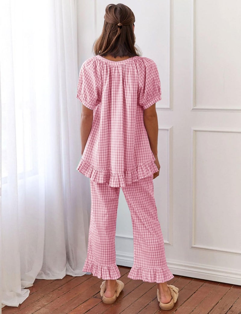 Flygo Womens Plaid 2 Piece Pajamas Sets Gingham Button Down Puff Sleeve Babydoll Shirt Ruffle Pants Y2K Pjs Lounge Set(Pink-L) - Image 5