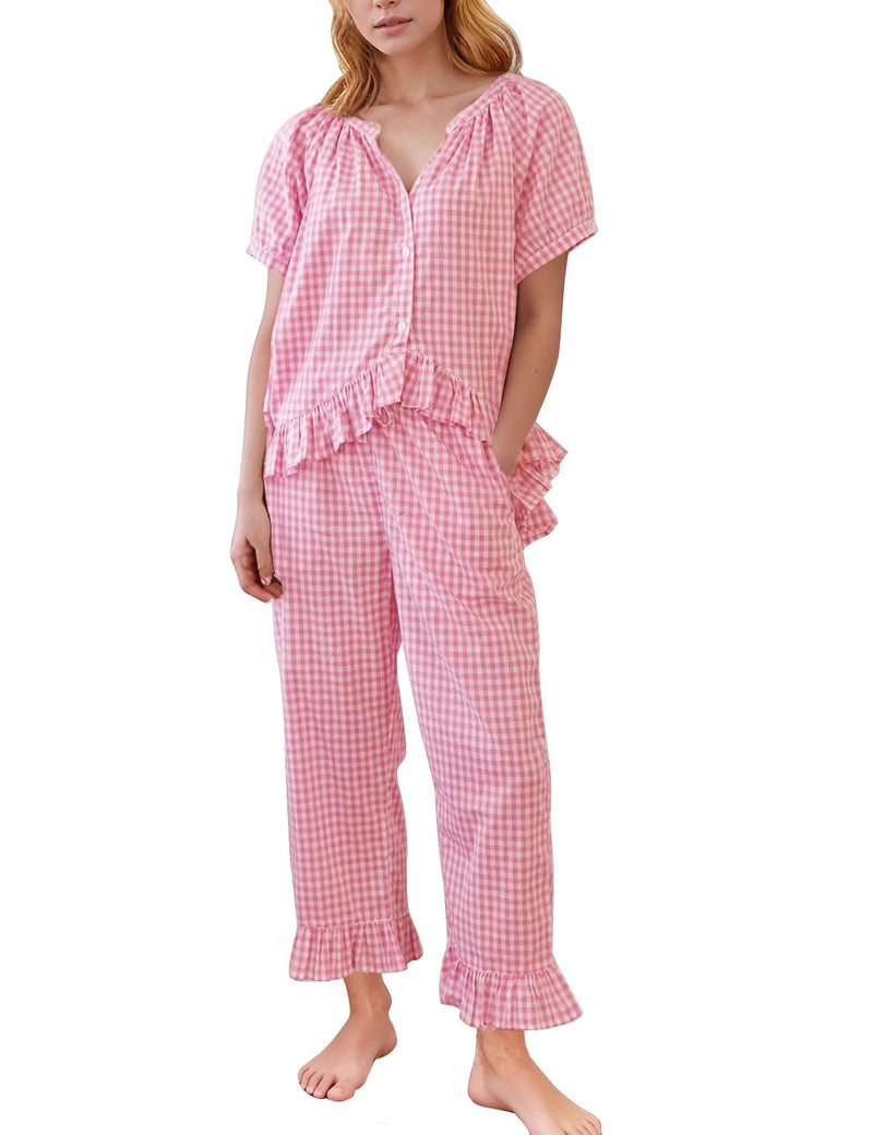 Flygo Womens Plaid 2 Piece Pajamas Sets Gingham Button Down Puff Sleeve Babydoll Shirt Ruffle Pants Y2K Pjs Lounge Set(Pink-L) - Image 1