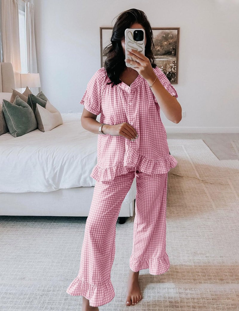 Flygo Womens Plaid 2 Piece Pajamas Sets Gingham Button Down Puff Sleeve Babydoll Shirt Ruffle Pants Y2K Pjs Lounge Set(Pink-L) - Image 3