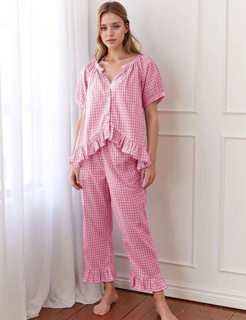Flygo Womens Plaid 2 Piece Pajamas Sets Gingham Button Down Puff Sleeve Babydoll Shirt Ruffle Pants Y2K Pjs Lounge Set(Pink-L) - Image 2