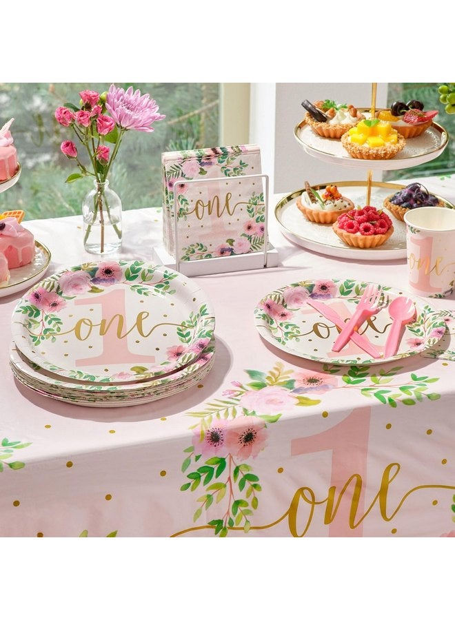 بلو باندا مجموعة ديكورات حفلات عيد الميلاد الأول للبنات من بلو باندا، مكونة من 145 قطعة، مجموعة عشاء Little Miss Onederful مزينة بالزهور مع مفرش طاولة (تكفي لـ 24 شخصًا) - Image 2