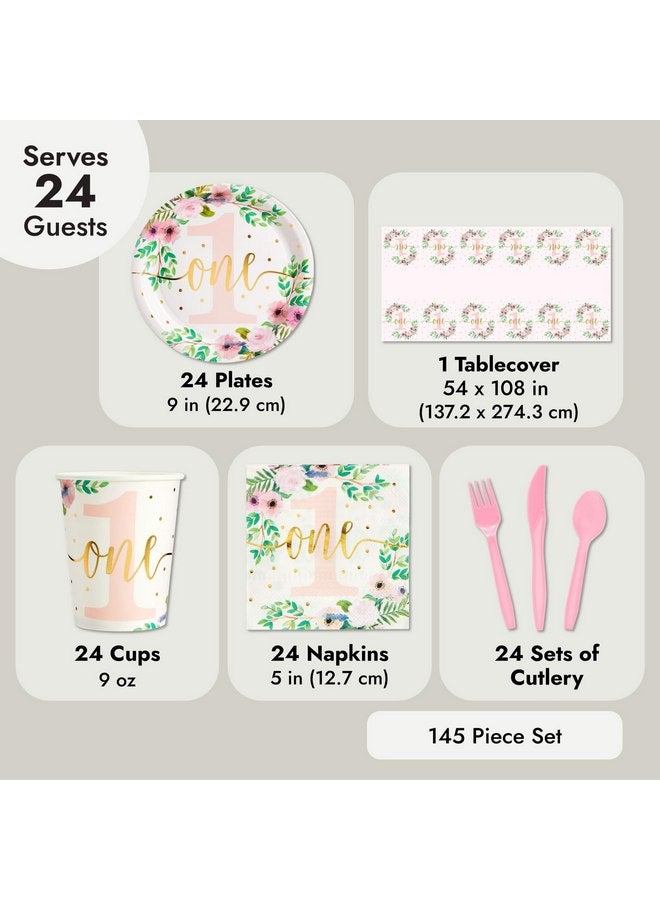 بلو باندا مجموعة ديكورات حفلات عيد الميلاد الأول للبنات من بلو باندا، مكونة من 145 قطعة، مجموعة عشاء Little Miss Onederful مزينة بالزهور مع مفرش طاولة (تكفي لـ 24 شخصًا) - Image 4