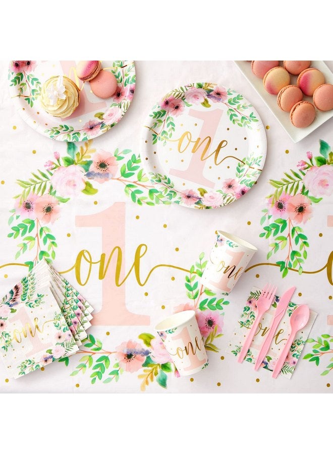 بلو باندا مجموعة ديكورات حفلات عيد الميلاد الأول للبنات من بلو باندا، مكونة من 145 قطعة، مجموعة عشاء Little Miss Onederful مزينة بالزهور مع مفرش طاولة (تكفي لـ 24 شخصًا) - Image 3