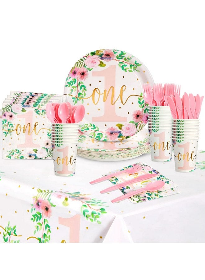 بلو باندا مجموعة ديكورات حفلات عيد الميلاد الأول للبنات من بلو باندا، مكونة من 145 قطعة، مجموعة عشاء Little Miss Onederful مزينة بالزهور مع مفرش طاولة (تكفي لـ 24 شخصًا) - Image 1