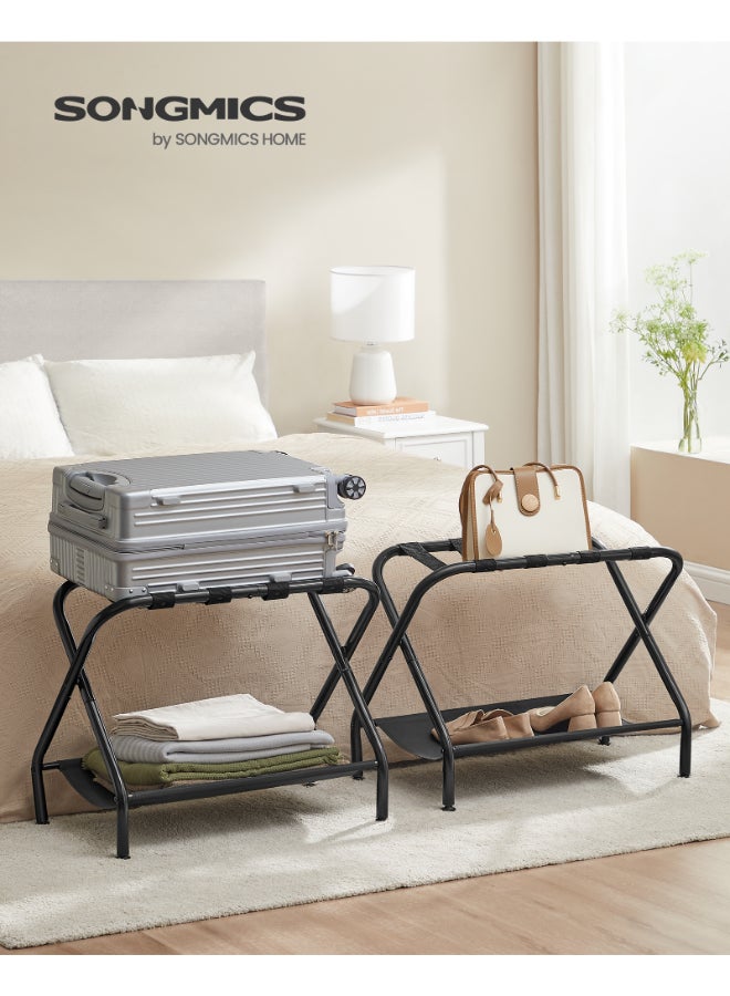 SONGMICS Luggage Racks, Set of 2, Suitcase Stand with Fabric Storage Shelf, for Guest Room, Bedroom, Hotel, Foldable Steel Frame, Holds up to 110 lb, 27.2 x 15 x 20.5 Inches, Black - Image 2