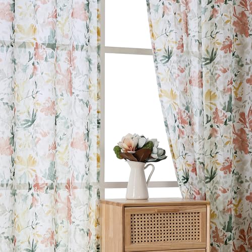 OWENIE Crushed Sheer Curtains 84 Inches Long 2 Panels Set, Sheer Floral Curtains Printed Drapes for Living Room Bedroom, Rod Pocket Light Filtering Window Sheers (2 Panels, 42" x 84") - Image 1
