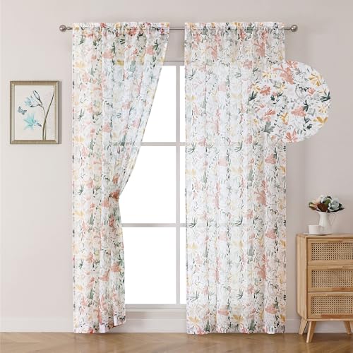 OWENIE Crushed Sheer Curtains 84 Inches Long 2 Panels Set, Sheer Floral Curtains Printed Drapes for Living Room Bedroom, Rod Pocket Light Filtering Window Sheers (2 Panels, 42" x 84") - Image 2