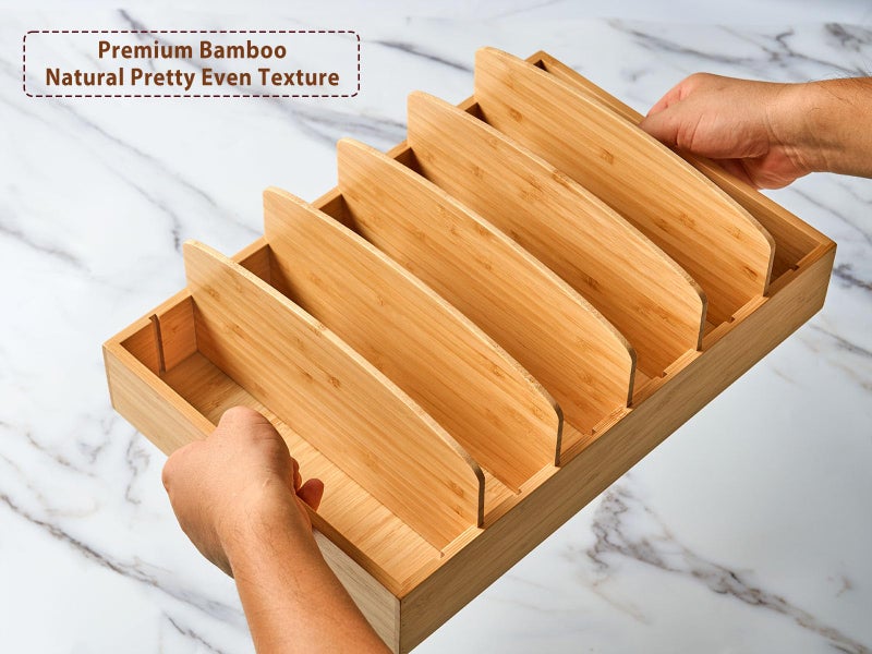 Umilife Large Food Container Lids Organizer for Kitchen Cabinet and Drawer, Bamboo Organizer with 5 Tall Adjustable Dividers, Plastic Lids Organization and Storage - Image 3