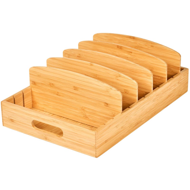 Umilife Large Food Container Lids Organizer for Kitchen Cabinet and Drawer, Bamboo Organizer with 5 Tall Adjustable Dividers, Plastic Lids Organization and Storage - Image 1