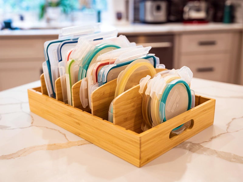 Umilife Large Food Container Lids Organizer for Kitchen Cabinet and Drawer, Bamboo Organizer with 5 Tall Adjustable Dividers, Plastic Lids Organization and Storage - Image 5