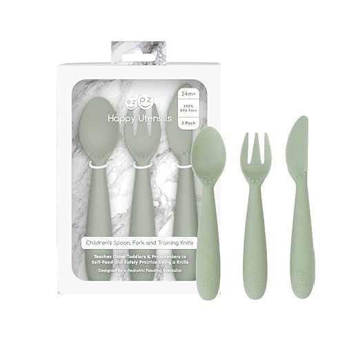 ezpz Happy Utensils (Sage) - 24 Months+ - BPA Free Toddler Utensils - Fork, Spoon and Knife for Toddlers and Preschoolers - Kids for Self-Feeding Development - Image 1