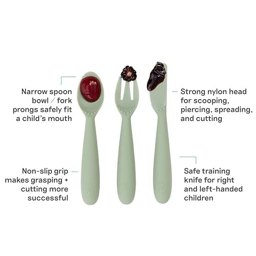 ezpz Happy Utensils (Sage) - 24 Months+ - BPA Free Toddler Utensils - Fork, Spoon and Knife for Toddlers and Preschoolers - Kids for Self-Feeding Development - Image 2