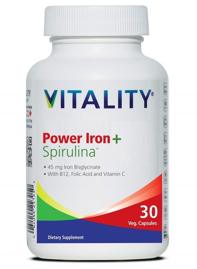 Vitality فيتاليتي باور آيرون + سبيرولينا | 45 ملغ حديد | مكمل لبناء الدم | دعم نقص الحديد | نباتي | مكمل طبيعي بالكامل | لطيف على المعدة | 30 كبسولة - Image 1