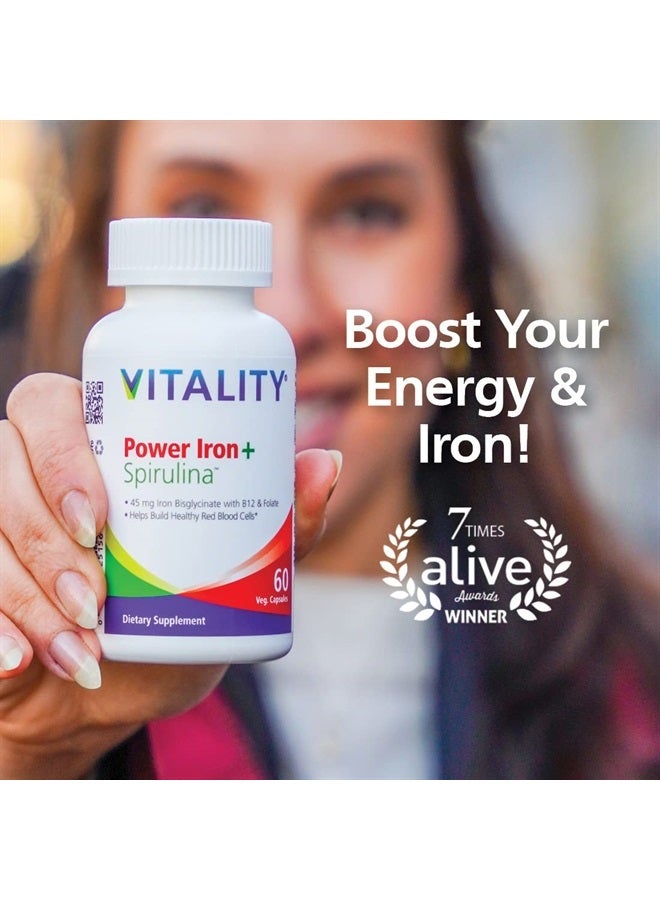 Vitality فيتاليتي باور آيرون + سبيرولينا | 45 ملغ حديد | مكمل لبناء الدم | دعم نقص الحديد | نباتي | مكمل طبيعي بالكامل | لطيف على المعدة | 30 كبسولة - Image 4