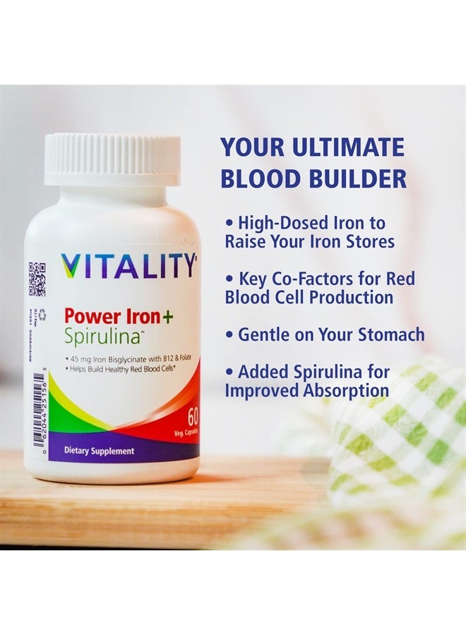 Vitality فيتاليتي باور آيرون + سبيرولينا | 45 ملغ حديد | مكمل لبناء الدم | دعم نقص الحديد | نباتي | مكمل طبيعي بالكامل | لطيف على المعدة | 30 كبسولة - Image 2
